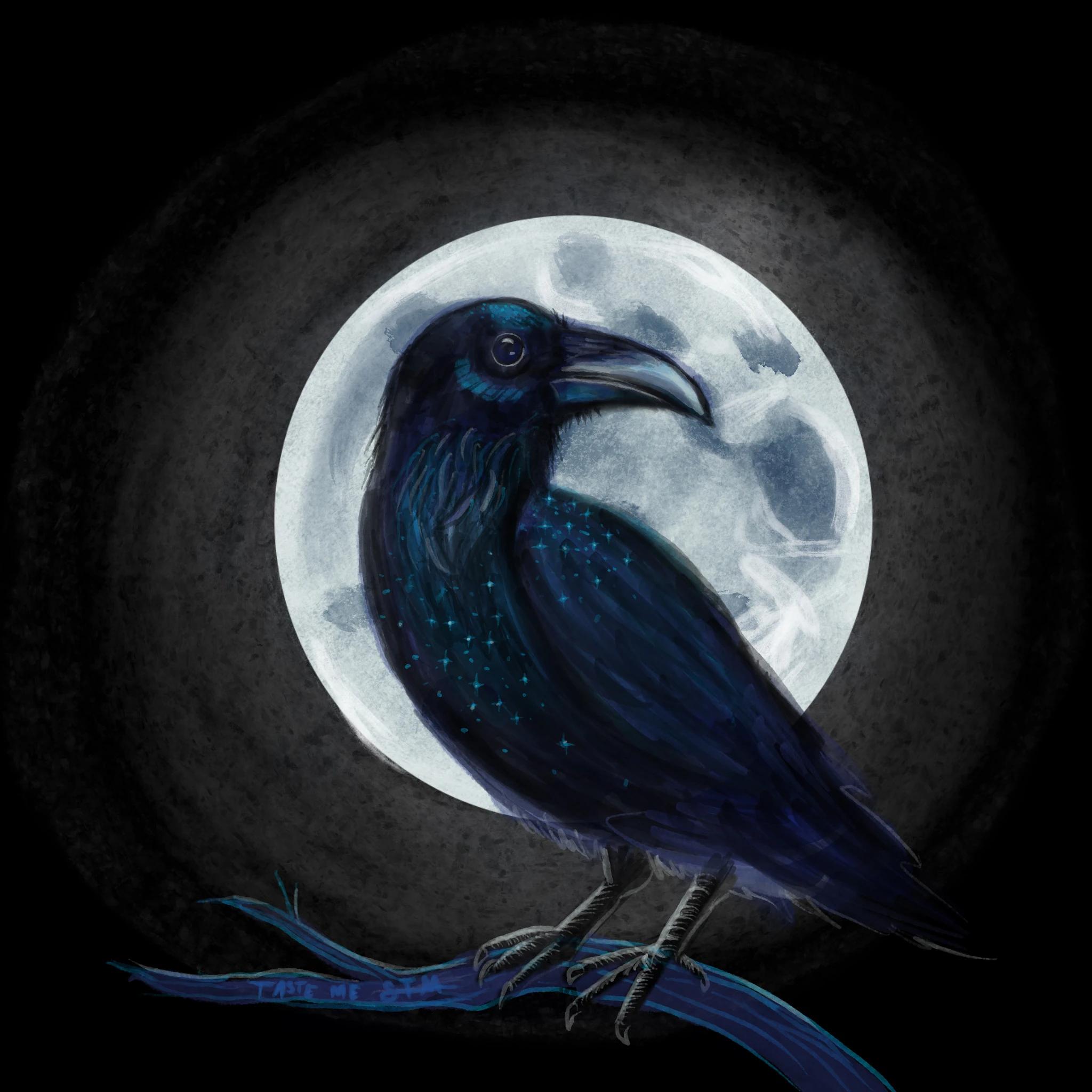 Illustration by Sel Tasteme of a raven perched before a full moon.