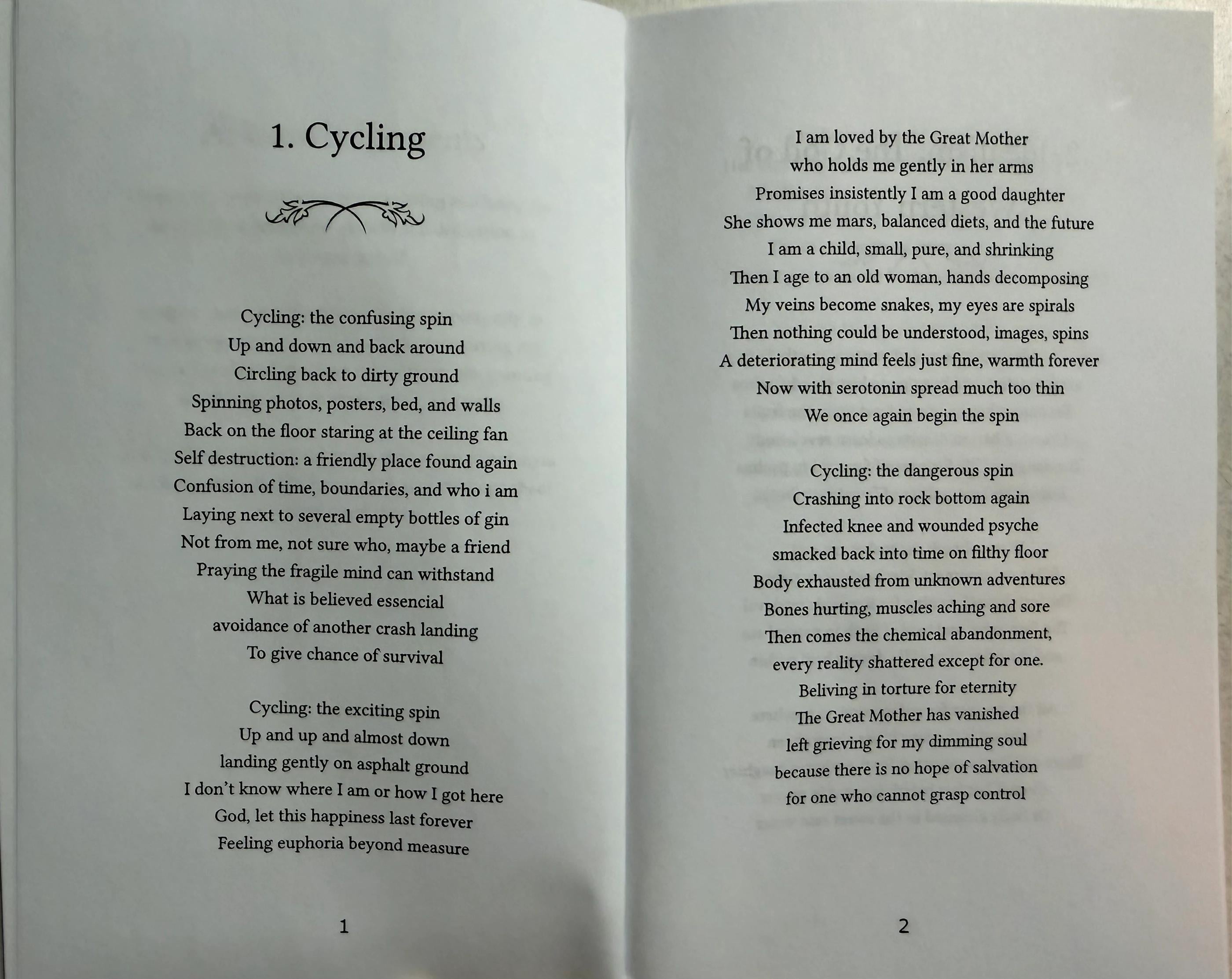 Open pages from Great Mother showing the poem Cycling.